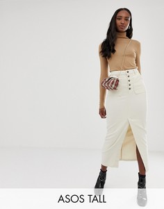 Кремовая джинсовая премиум-юбка миди с пуговицами ASOS DESIGN TALL-Белый
