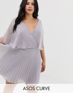Платье мини с рукавами клеш и плиссированной юбкой ASOS DESIGN Curve-Серый