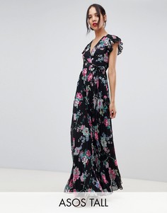Плиссированное платье макси с запахом и рукавами клеш ASOS DESIGN Tall-Мульти