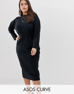 Платье-футляр миди в рубчик с запахом ASOS DESIGN Curve-Черный