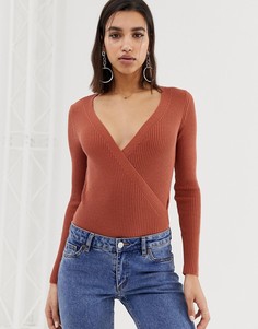 Боди в рубчик с запахом ASOS DESIGN-Розовый