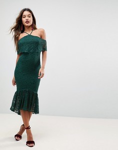 Кружевное платье-бандо миди с оборкой по нижнему краю ASOS-Зеленый