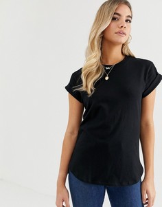 Черная футболка бойфренда с отворотами на рукавах и асимметричным краем ASOS DESIGN-Черный