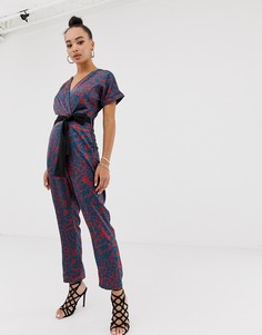 Синий комбинезон с запахом и поясом Missguided-Мульти