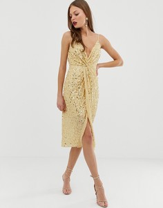 Платье миди с пайетками и декоративным узлом ASOS DESIGN-Золотой