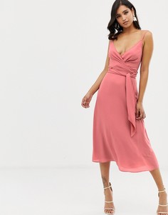 Платье миди с запахом и завязкой на талии ASOS DESIGN-Розовый
