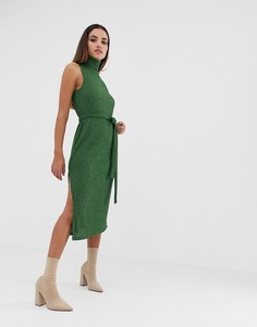 Платье миди в рубчик с высоким воротом и поясом ASOS DESIGN-Зеленый