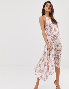 Атласное платье миди с бретельками, драпировкой и принтом \tolie du joie\" ASOS DESIGN-Мульти