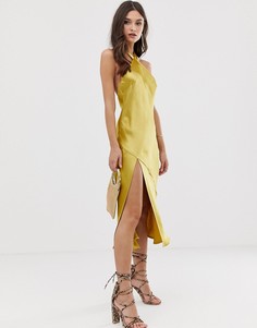Атласное блестящее платье миди с лямкой через шею ASOS DESIGN-Коричневый