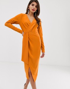 Платье миди с длинными рукавами, запахом и поясом ASOS DESIGN-Оранжевый