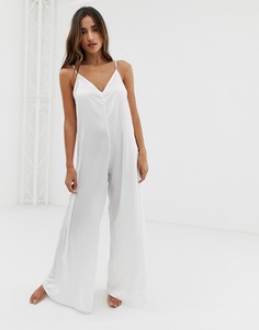 Атласный комбинезон с сетчатой вставкой ASOS DESIGN-Белый