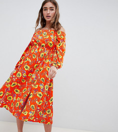 Красное платье миди с открытыми плечами и цветочным принтом ASOS DESIGN Petite-Мульти
