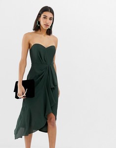 Платье-бандо миди с драпировкой спереди ASOS DESIGN-Зеленый