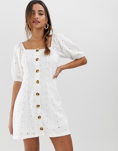 Чайное платье на пуговицах с вышивкой ришелье ASOS DESIGN-Белый