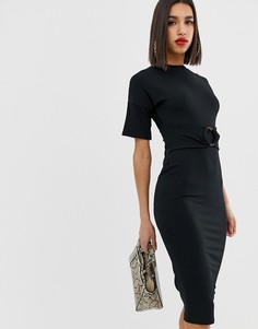 Платье миди в рубчик с кольцом ASOS DESIGN-Черный