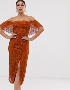 Кружевное платье-футляр миди в стиле бандо ASOS DESIGN-Красный