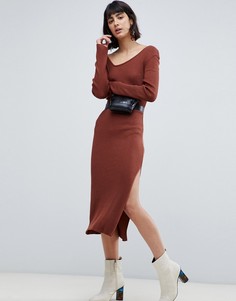 Платье миди в рубчик с асимметричной горловиной ASOS DESIGN-Красный