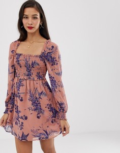 Короткое приталенное платье с цветочным принтом и квадратным вырезом ASOS DESIGN-Мульти