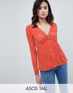 Топ в горошек с глубоким V-образным вырезом и баской ASOS DESIGN Tall-Оранжевый