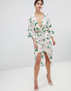 Атласное платье миди с цветочным принтом ASOS DESIGN-Мульти