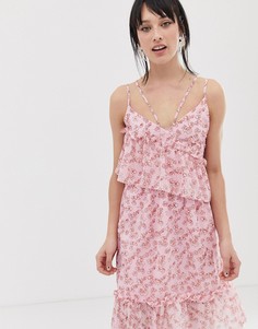 Асимметричное платье миди с цветочным принтом и оборками Lost Ink-Мульти
