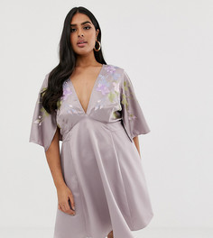 Платье мини с вышивкой и рукавами-кейп эксклюзивно для ASOS DESIGN Curve-Фиолетовый