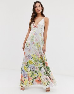 Атласное платье-трапеция макси с цветочным принтом ASOS DESIGN-Мульти