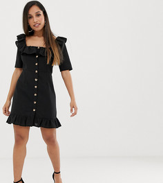 Платье мини на пуговицах с квадратным вырезом и оборками ASOS DESIGN Petite-Черный