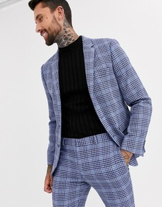 Синий свадебный супероблегающий пиджак в клетку из ткани с добавлением шерсти ASOS DESIGN