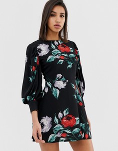 Короткое приталенное платье с длинными рукавами и цветочным принтом AX Paris-Черный