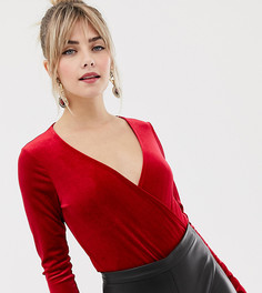 Красное бархатное боди с запахом и длинными рукавами New Look-Красный