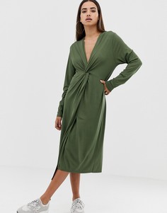 Свободное платье миди с длинными рукавами и узлом спереди ASOS DESIGN-Зеленый