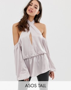 Лонгслив с лямкой через шею и открытыми плечами ASOS DESIGN Tall-Синий