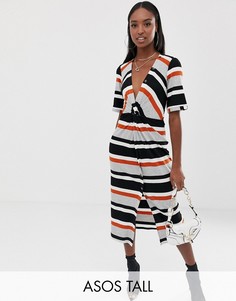 Полосатое платье миди в рубчик с перекрутом и пуговицами ASOS DESIGN Tall-Мульти