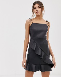 Платье мини из полиуретана на бретелях с оборками на юбке ASOS DESIGN-Черный
