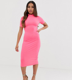 Облегающее платье миди в рубчик с открытой спиной ASOS DESIGN Petite-Розовый