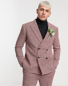 Двубортный приталенный пиджак в ломаную клетку с добавлением шерсти ASOS DESIGN wedding-Красный