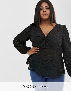 Топ с вышивкой ришелье и V-образным вырезом ASOS DESIGN Curve-Зеленый