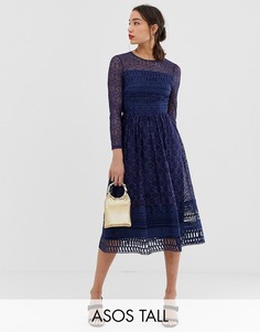 Кружевное приталенное платье миди премиум-класса ASOS DESIGN Tall-Темно-синий