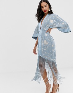 Платье-кимоно миди с вышивкой и бахромой по краю ASOS DESIGN-Бежевый