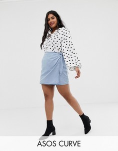 Голубая джинсовая мини-юбка с запахом ASOS DESIGN Curve-Синий