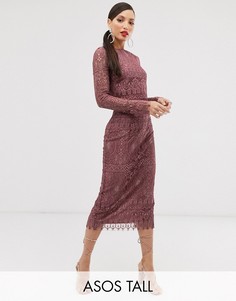 Кружевное платье-футляр миди с длинными рукавами ASOS DESIGN Tall-Фиолетовый