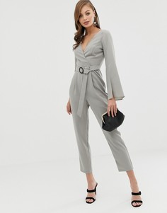 Комбинезон с широкими рукавами, запахом и поясом ASOS DESIGN-Серый