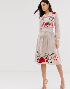 Платье миди с цветочной вышивкой ASOS DESIGN-Бежевый