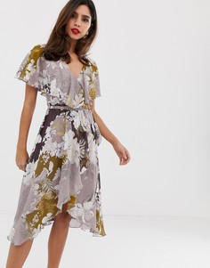 Платье миди с цветочным принтом и асимметричным краем ASOS DESIGN-Мульти