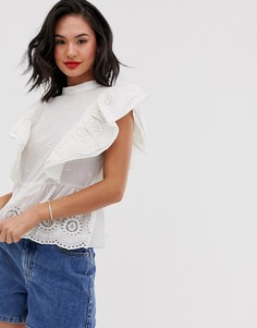 Топ с вышивкой ришелье и оборками на рукавах ASOS DESIGN-Кремовый
