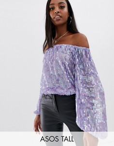 Фиолетовый фестивальный боди со спущенными плечами и пайетками ASOS DESIGN Tall