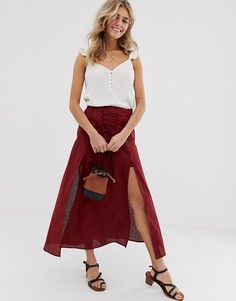 Юбка миди с завязкой, кружевными вставками и разрезами ASOS DESIGN-Красный