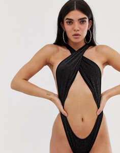 Черный блестящий купальник с перекрестными бретельками ASOS DESIGN