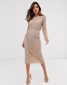 Кружевное платье-футляр миди с длинными рукавами ASOS DESIGN-Бежевый
